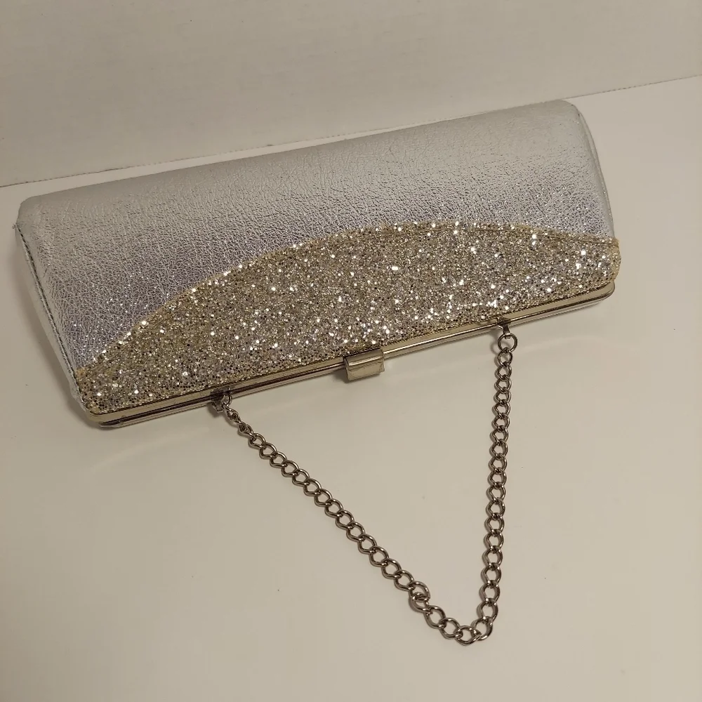 Vintage Silver Metallic + Glitter Clutch Evening Bag Purse Cocktail Prom Formal - Picture 6 of 15
